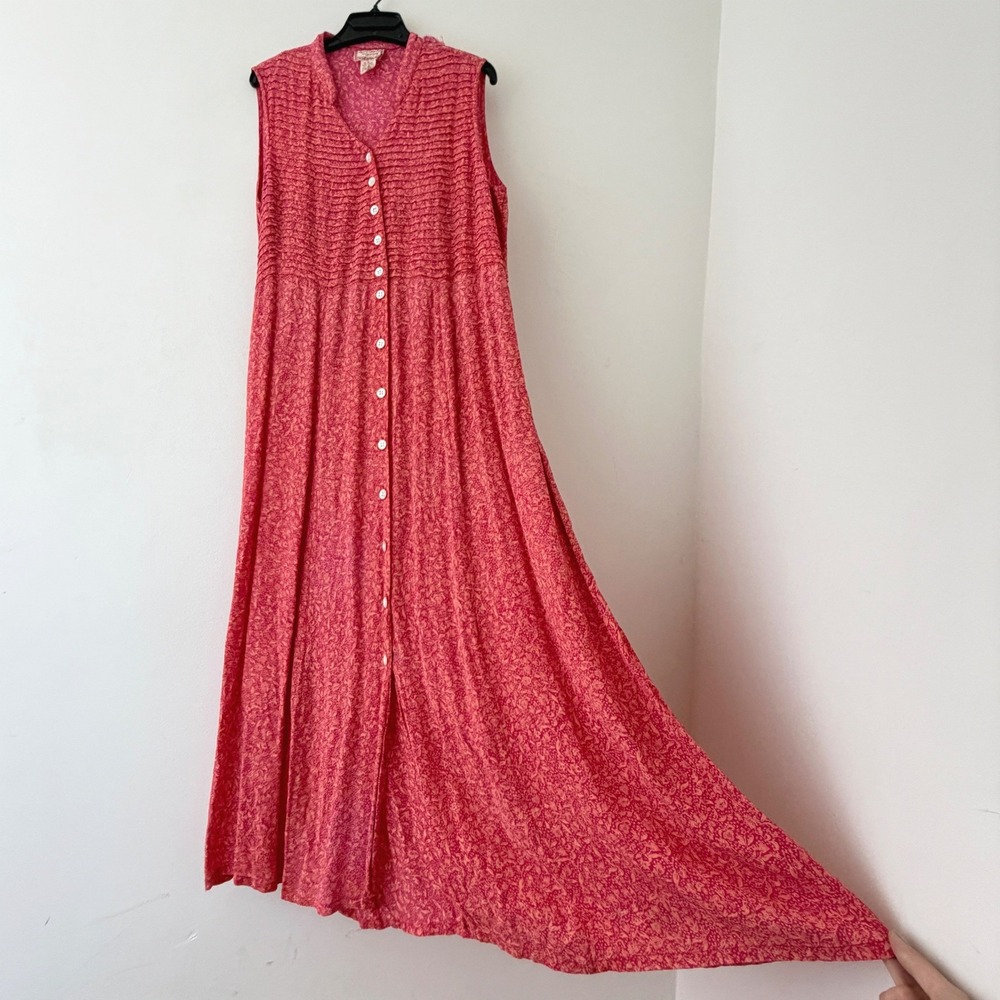 April Cornell Floral Rayon Pintuck Button Maxi Dress Tie Back AS IS Repair L